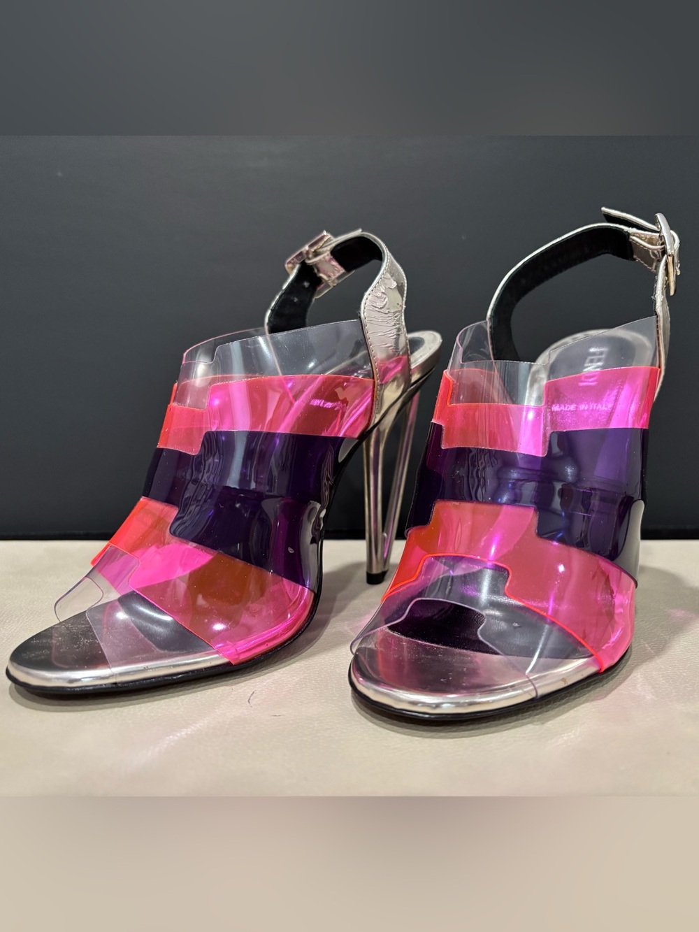 Fendi Slingback Heels Clear Pink & Purple PVC, Size 5 Jelly 80s Retro Diva Pride